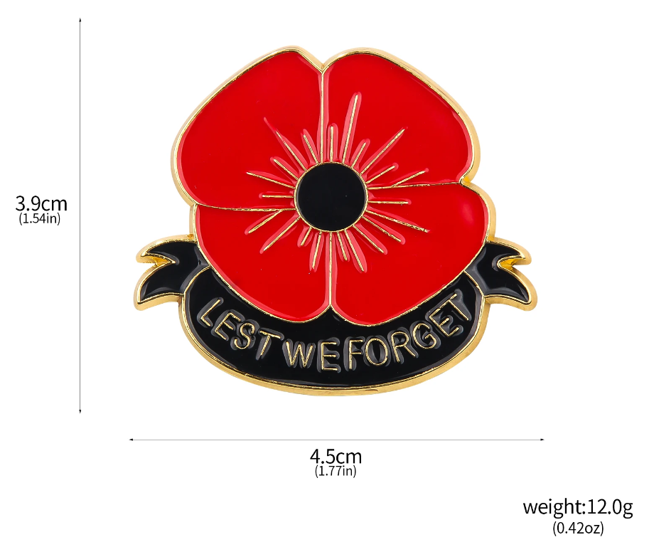 ANZAC Red/Black Poppy Lapet Pin - Lest We Forget (3 Sizes)