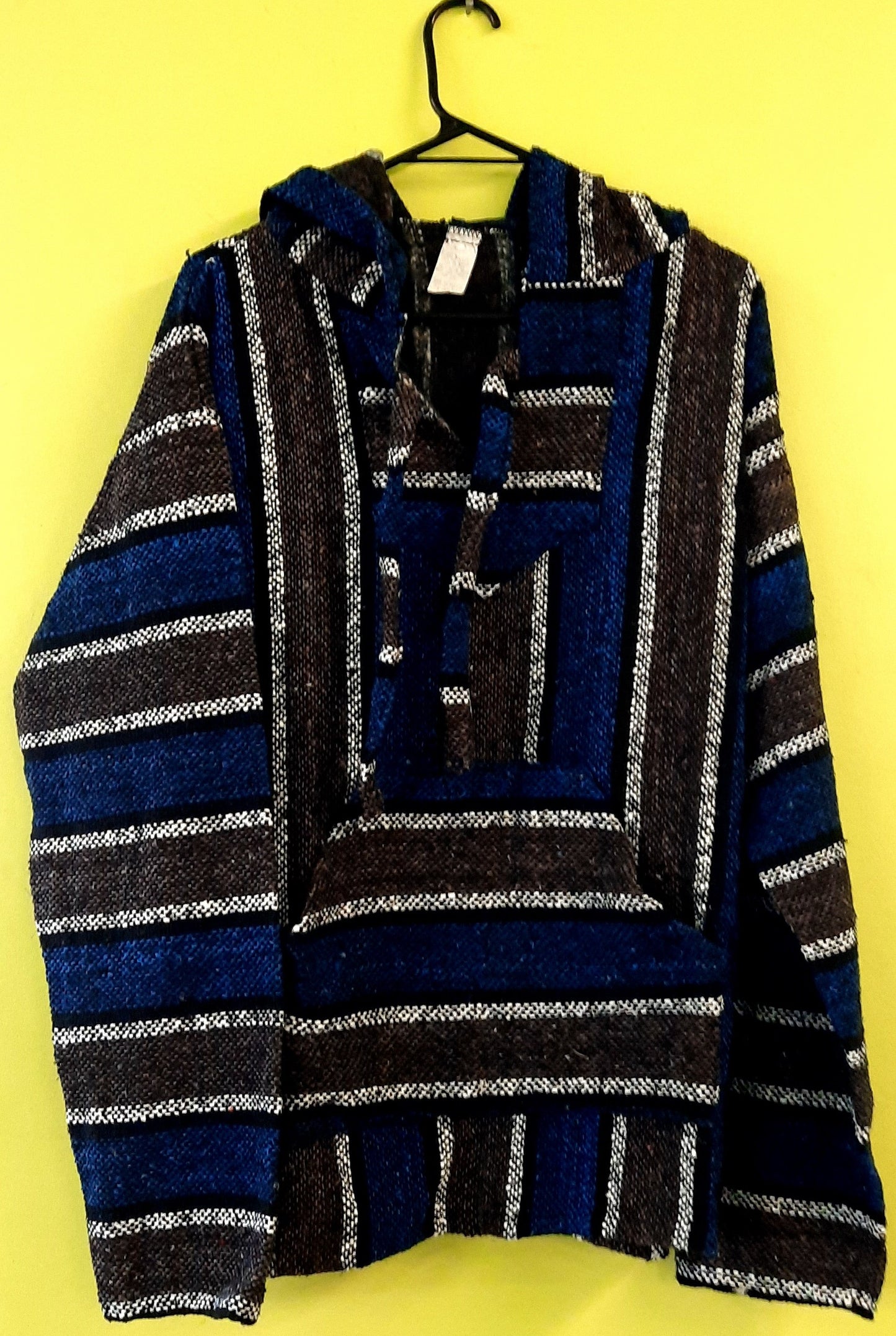 Mexican Hooded Baja Poncho - Large Blue/Grey