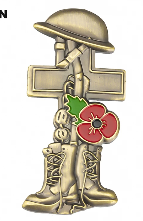 ANZAC Poppy with Boots on Cross Hat Pin