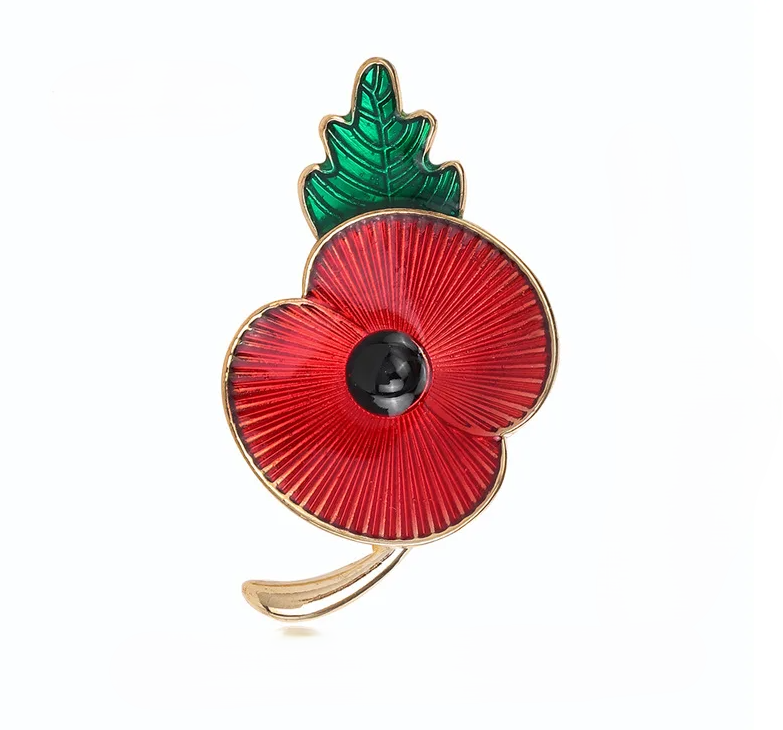 DBL Round w Leaf Anzac Poppy Brooch