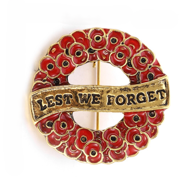 Red Wreath Gold Lest we Forget ANZAC Brooch Poppy