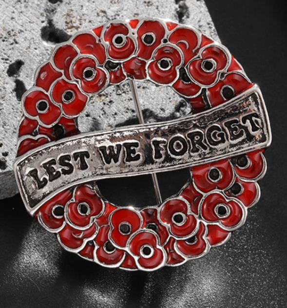 Red Wreath Silver Lest we Forget ANZAC Brooch Poppy