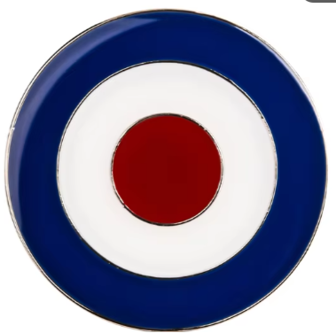 Circular badge with blue outer ring, white center, and red dot