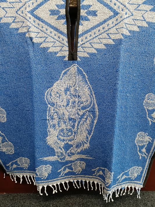 Buffalo Blue Grey Mexican Blanket Poncho