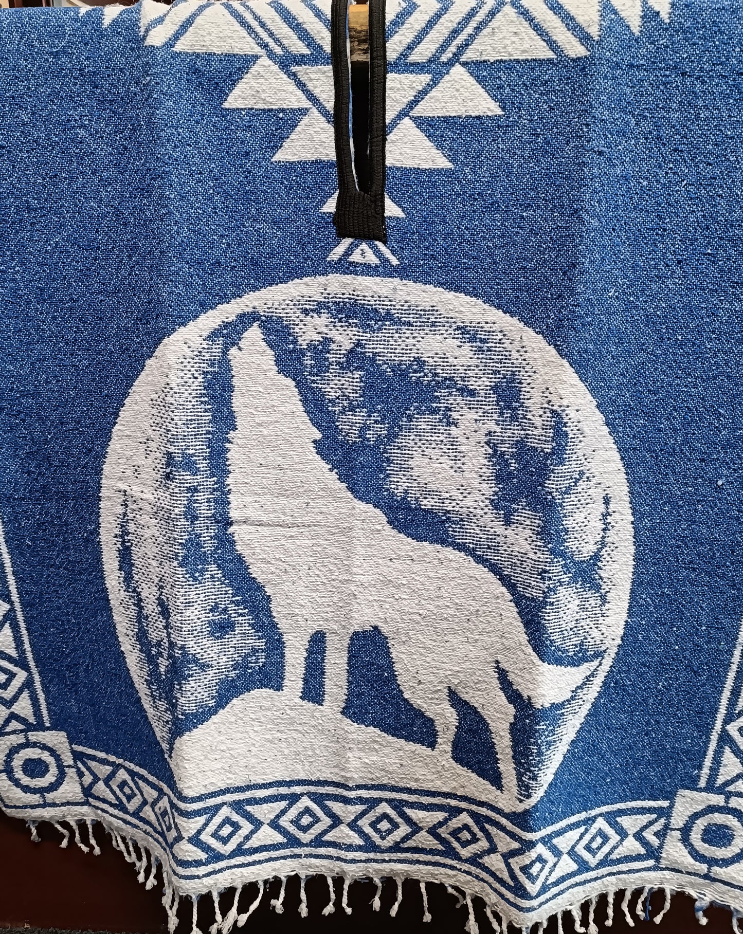 Howling Wolf Steel Blue Mexican Blanket Poncho