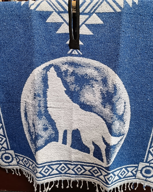 Howling Wolf Steel Blue Mexican Blanket Poncho