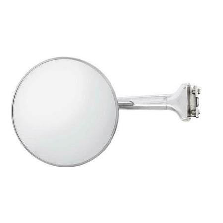A stainless steel finish motor vehicle peep mirror with a straight arm and convex design.