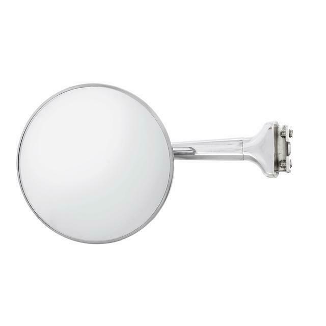 A stainless steel finish motor vehicle peep mirror with a straight arm and convex design.