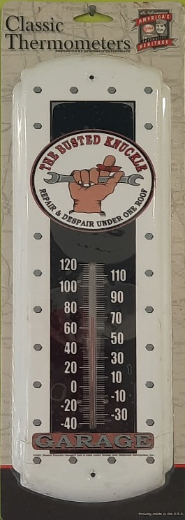 The Busted Knuckle Garage Mini Thermometer, 12 in. x 4 in. at