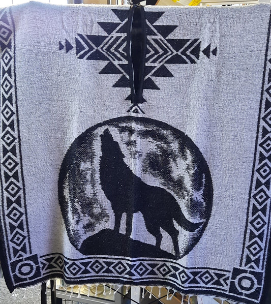 Howling Wolf Black Mexican Blanket Poncho