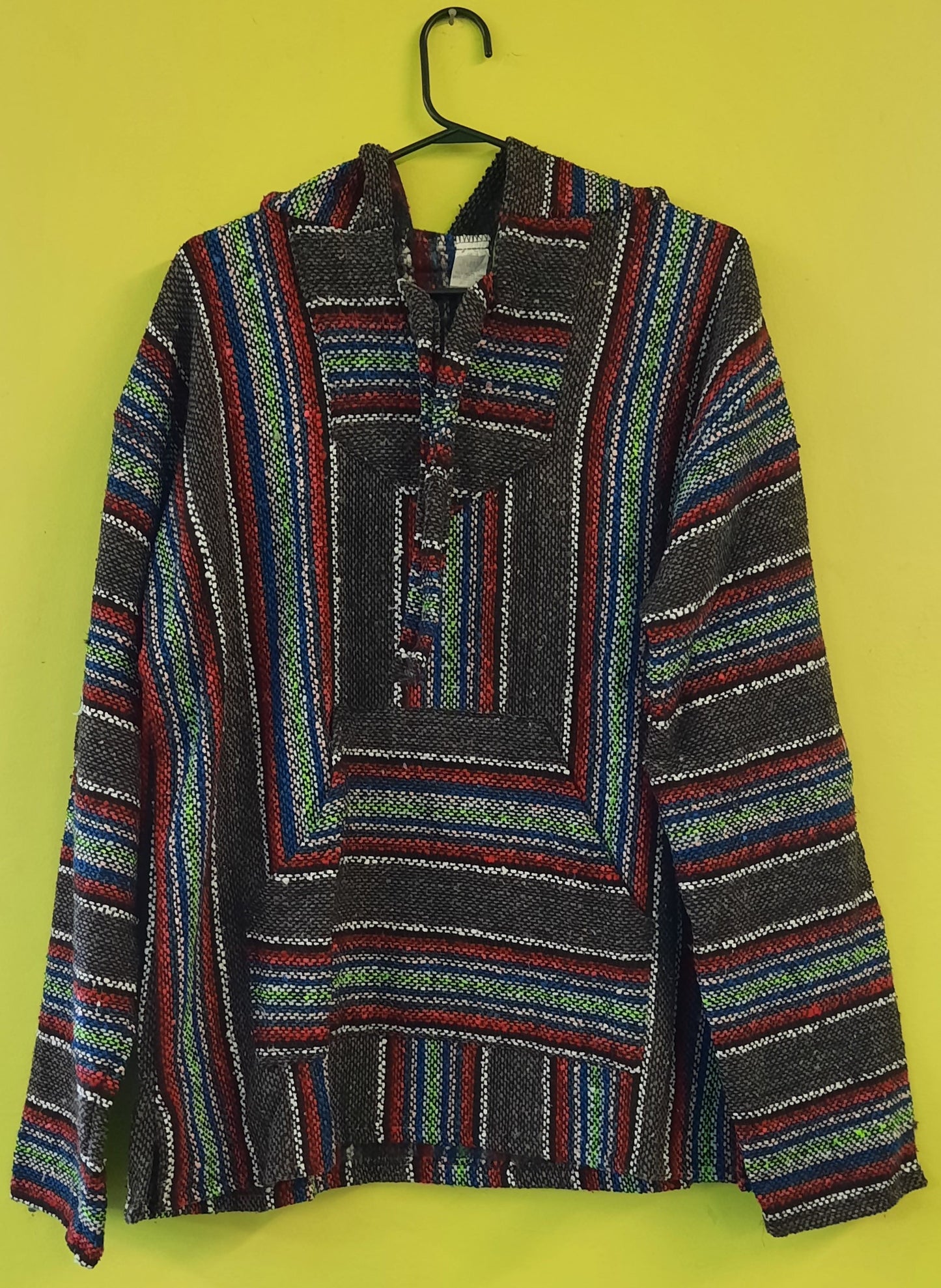 Mexican Hooded Baja Poncho - Large Grey/Multi