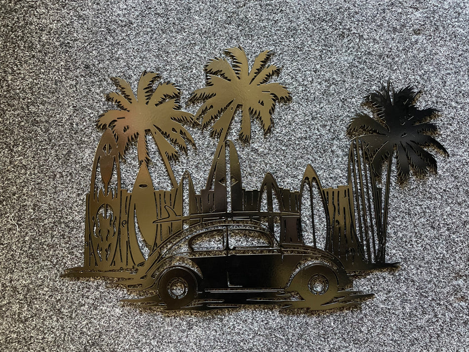 VW Beetle, Boards & Palms Sign