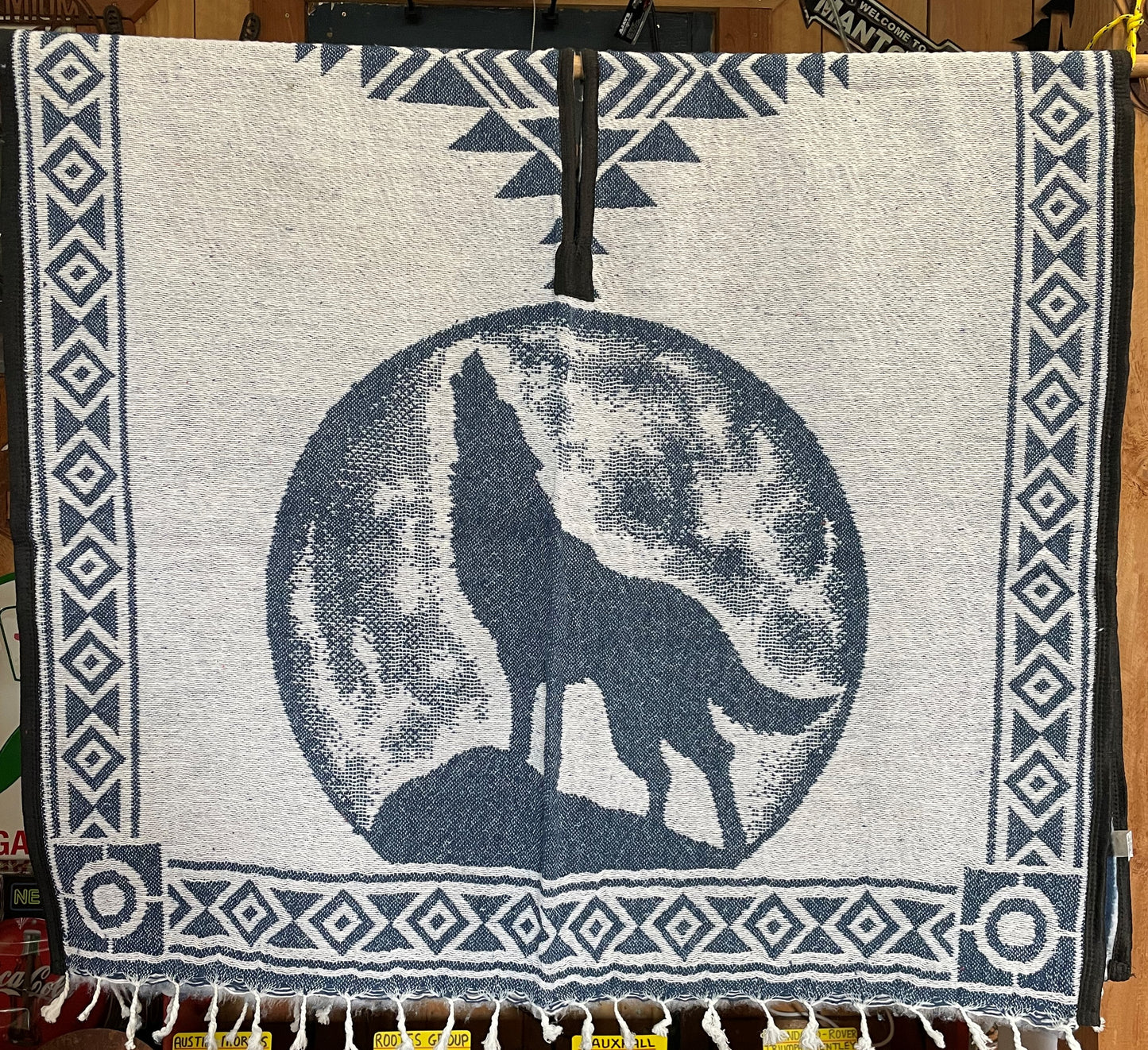 Howling Wolf Grey Mexican Blanket Poncho